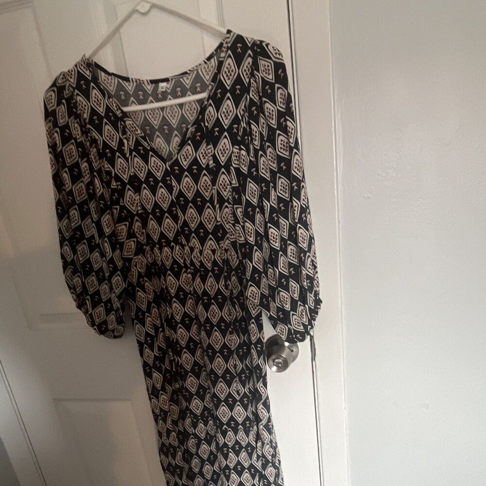 Women's Boho Blue/White/Brown Geometric V-Neck Maxi Dress Long Sleeve Size S